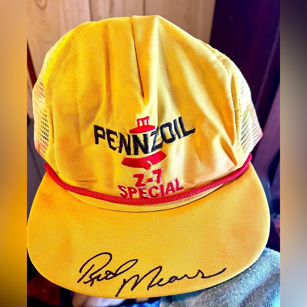 VINTAGE Pennzoil Hat Cap Snapback Yellow Trucker Adjustable Signed By Rick Mears